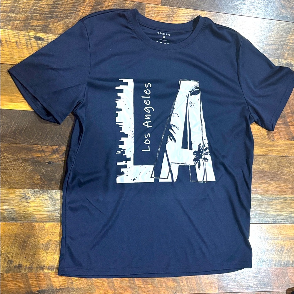 SHEIN Men's Dark Blue LA Graphic Tee